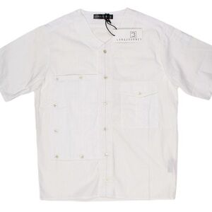 NWT LONGJOURNEY White Short Sleeve Button Up Shirt Streetwear Minimalist Utility